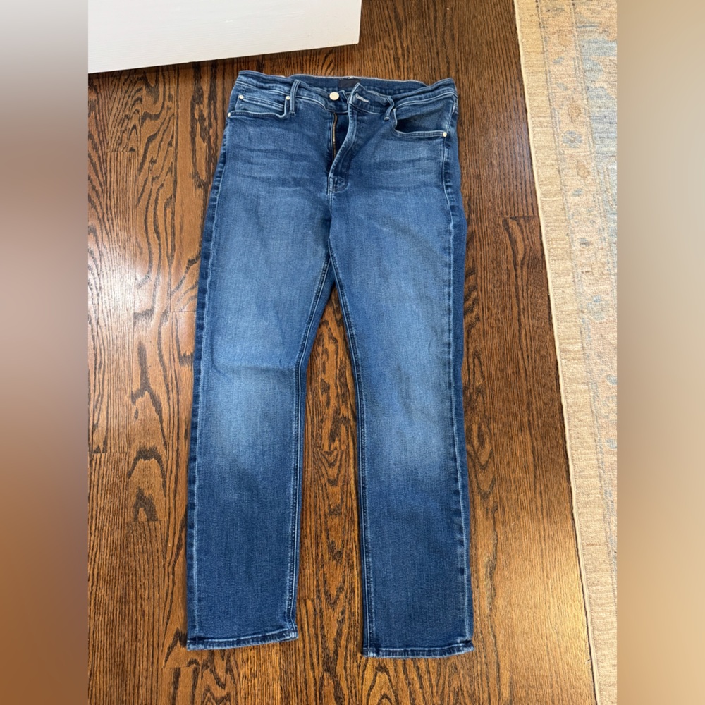 MOTHER Dark Blue Denim Jeans with Black Patent Logo Patch